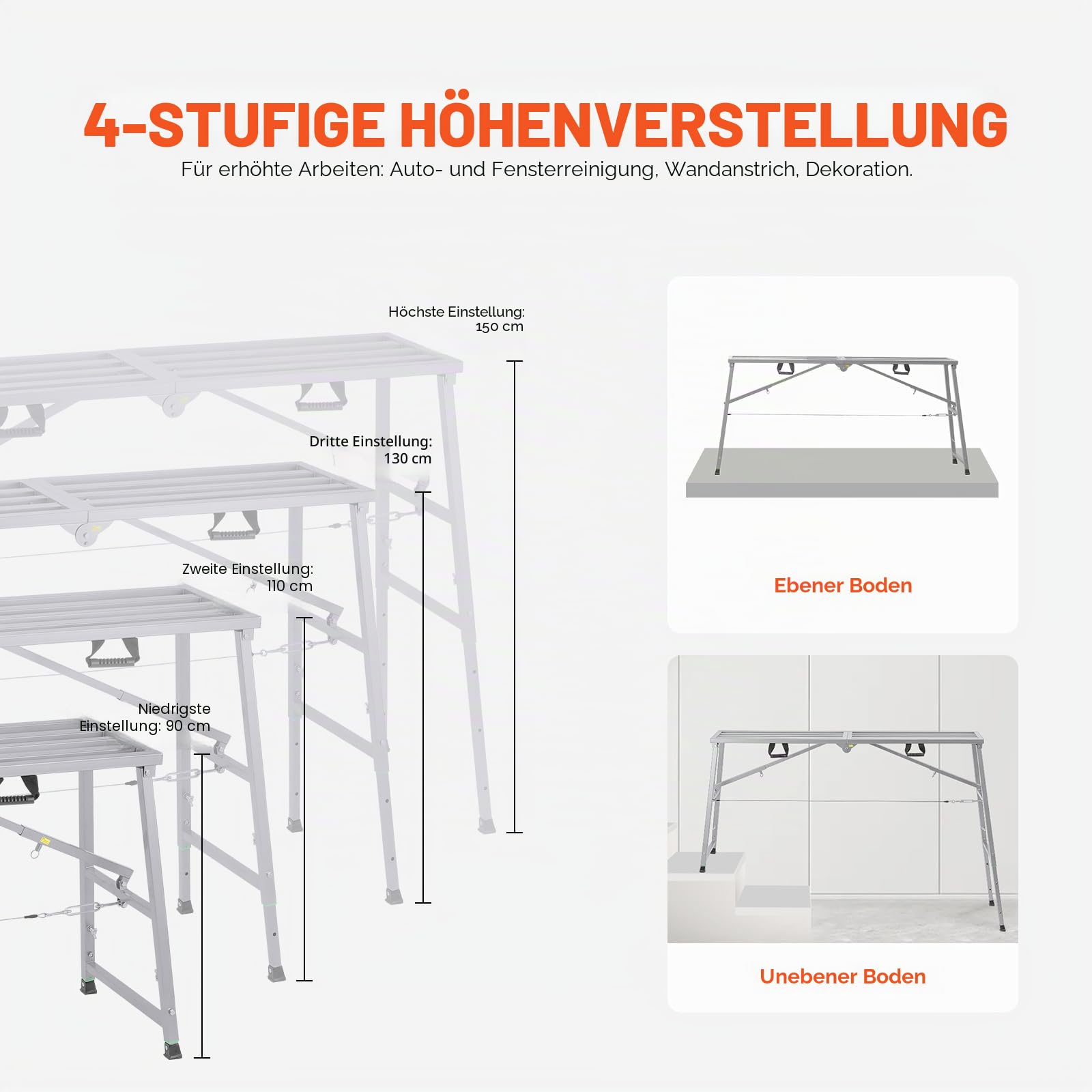 VEVOR Arbeitsplattform 900-1500 mm, zusammenklappbare Trittleiter aus legiertem Stahl, tragbare Arbeitsbühne, Tragkraft 400 kg, Trittbank Hocker zum Malen von Trockenbauwänden, Reinigen, Waschen
