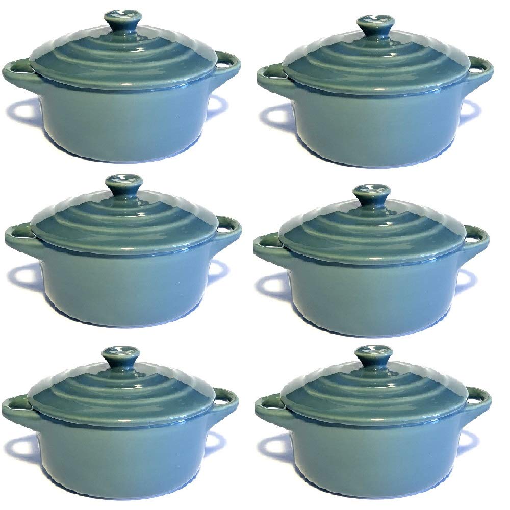 Hobby Tech Lot de 6 Mini Cocottes Grises Céramique Double Poignées avec Couvercle 13,5cm x 8cm Contenance Moule 200ml Ramequin Résistant Haute Température Four pour Petits Plats (Grise, Lot de 6)