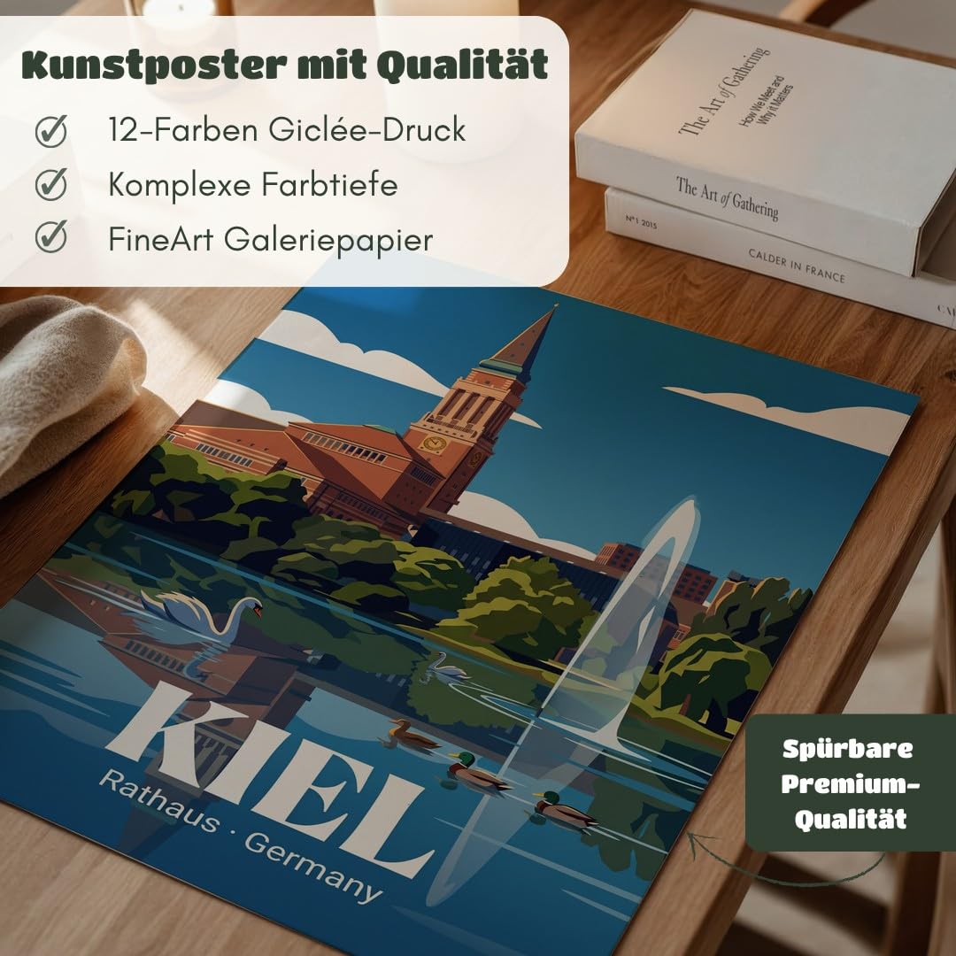 MJ-GRAPHICS® Poster Kiel Rathaus Wandbild Architektur Kunstdruck minimalistisch Blau Beige Wohnzimmer Stadtansicht Deko Büro Bilder urban in Deutschland 50x70 mit weißem Rahmen