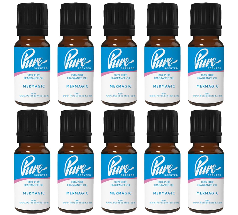 Pure Scented 100ml Fragrance Oils - 10 x 10ml Suitable for Candles, Soaps, Slime, Diffusers, Cosmetics, Wax Melts, Designer (10 x 10ml, Mermagic)
