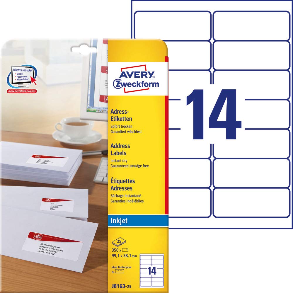 AVERY ZweckformJ8163-25 Address Labels for DIN Long Envelopes 99.1 x 38.1 mm 25 Sheets