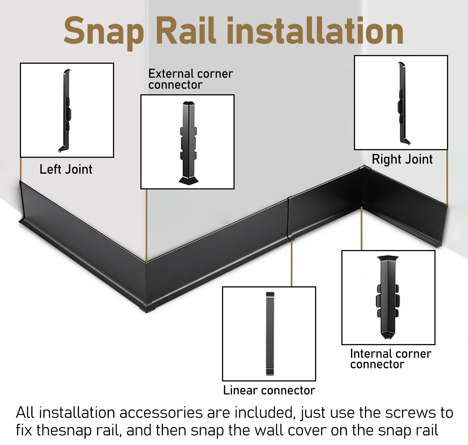 Battiscopa Kit modanatura parete in alluminio lunghezza 49,2 pollici, 4 pezzi pannelli modanatura rivestimento parete, battiscopa pavimento impermeabile in metallo rivestimento battiscopa(Black 4pcs,H