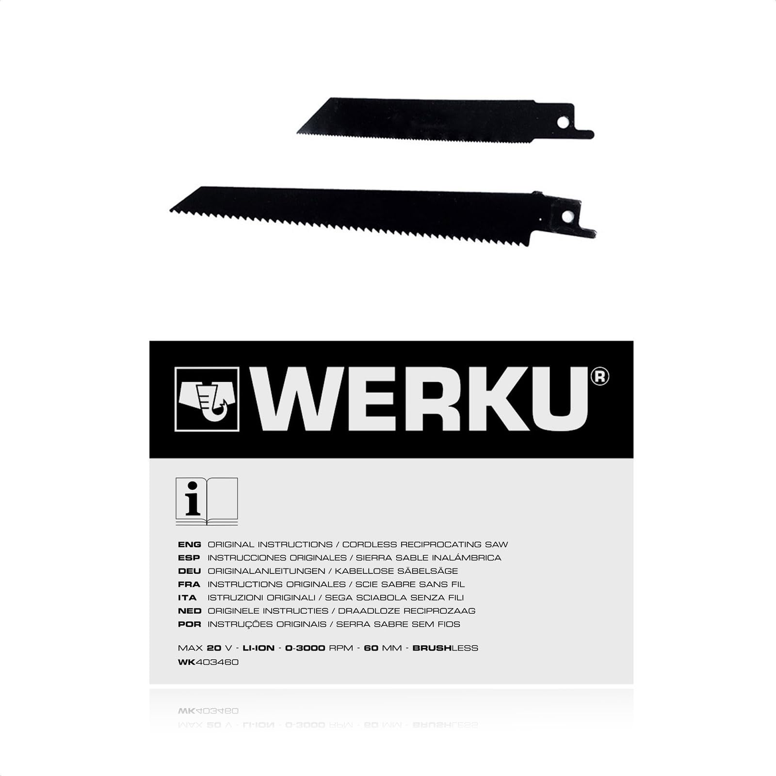 Werku WK403460, Sierra Sable Inalámbrica, Calidad Profesional, Potencia 20 V, Sistema Luz LED Visión, Incluye 2 Hojas Sierra, No Incluye Batería y Cargador