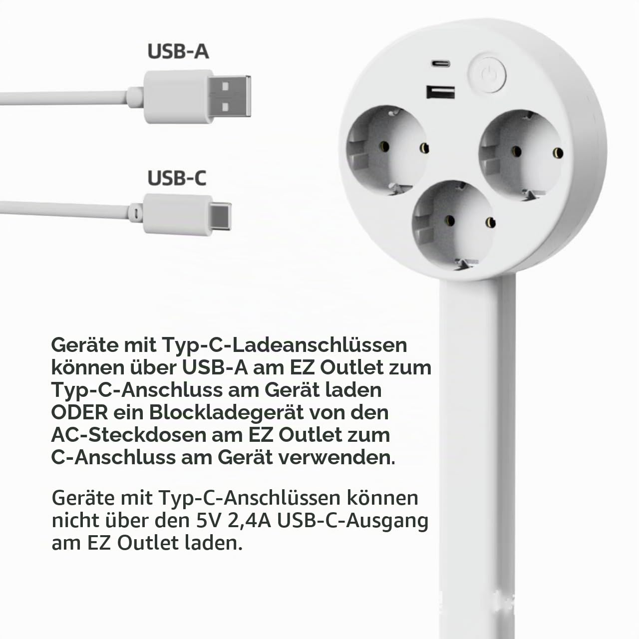 INIA – Erweiterbare und drehbare Steckdosenverlängerung Steckdosen - Verlängerung mit 360° schwenkbarer, ausziehbarer Verlängerungsstange 3 Fach Steckdose, 1 USB - A und 1 USB - C