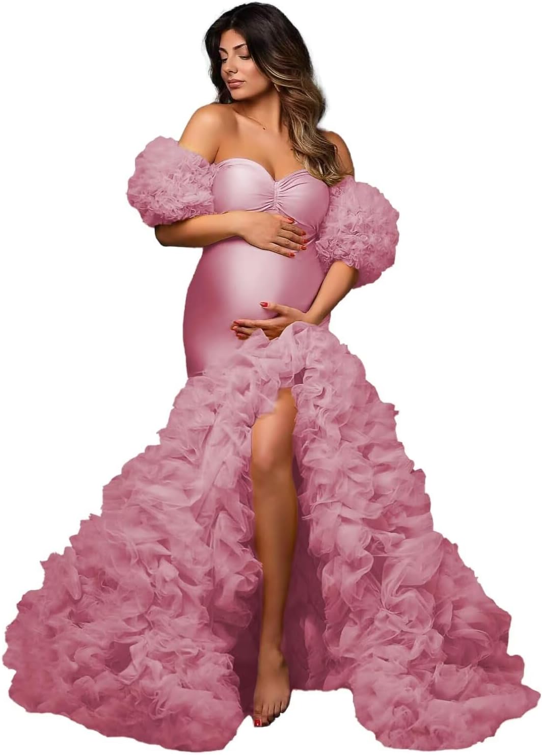 Puffy Tulle Maternity Dresses for Photoshoot Mermaid Satin Bridal Lingerie Bathgown Off the Shoulder Baby Shower Robe