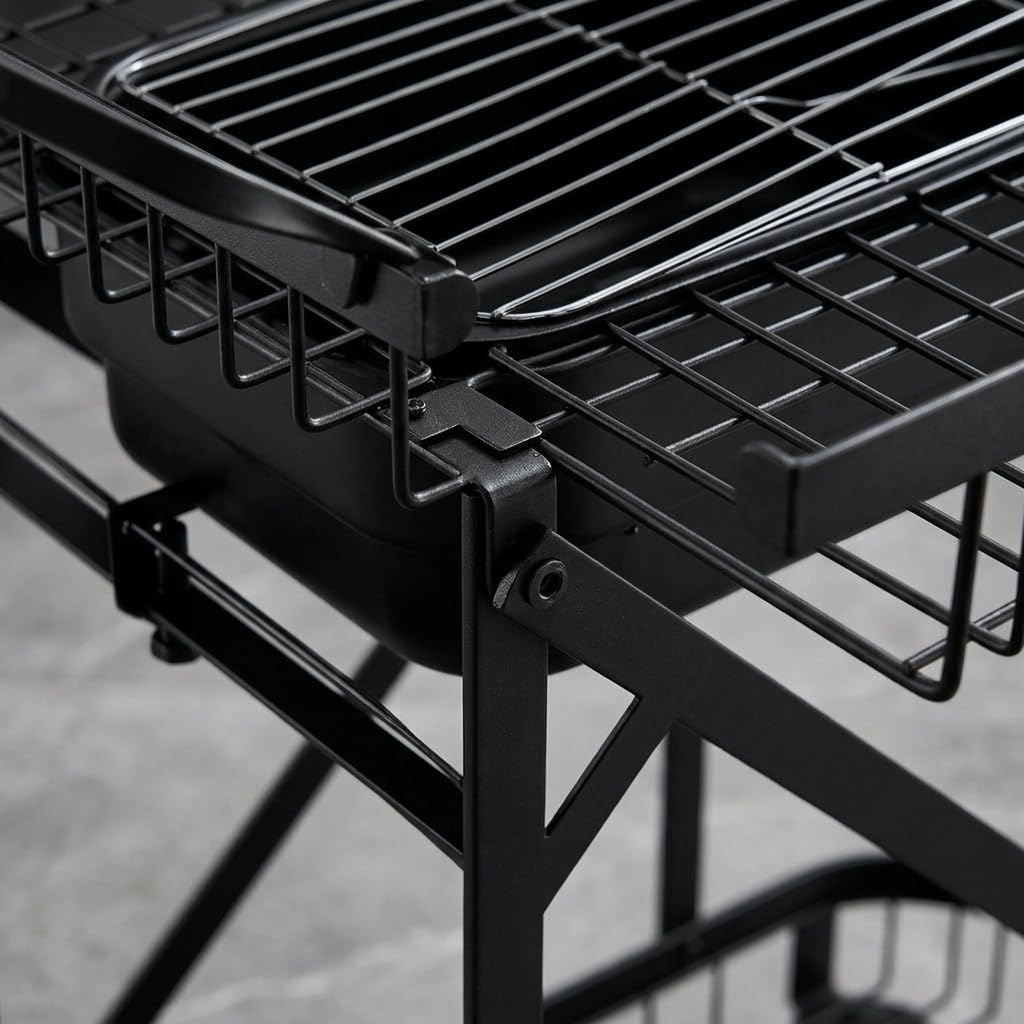 Barbacoa Carbón Portátil, Parrilla Barbacoa Exterior con Ruedas, Carrito Acero y Madera, para Camping y Jardín, Carro de barbacoa con parrilla, ganchos y portabebidas (embalaje suelto)