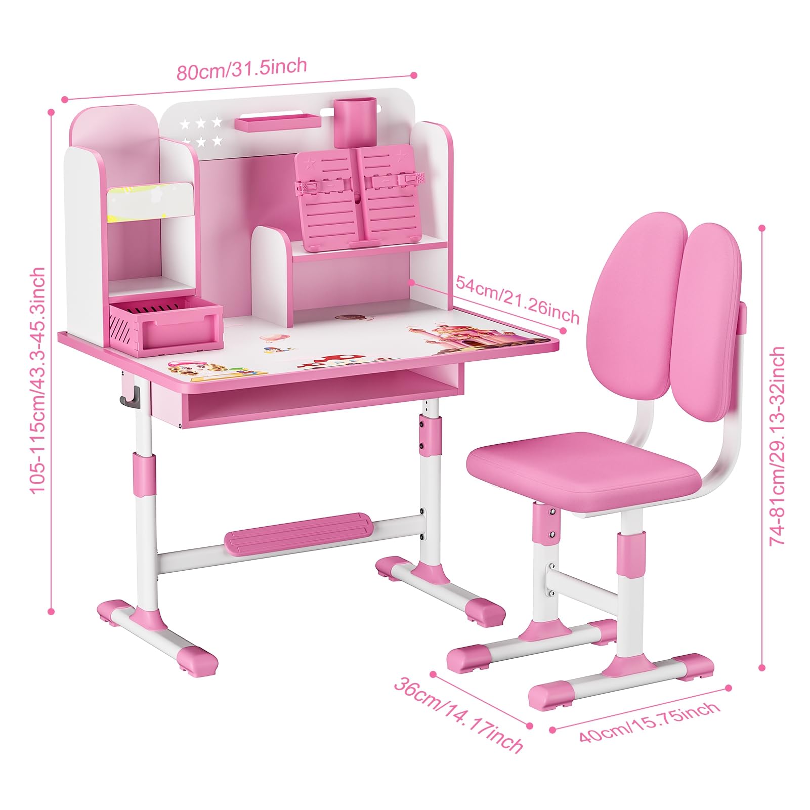 Kinder-Schreibtisch- und Stuhl-Set, Kinderschreibtische, Jungen und Mädchen, Schreibtisch für Kinderzimmer, höhenverstellbar, Kinder-Studiertisch und Stuhl-Set mit Sitzkorrektur, Schublade