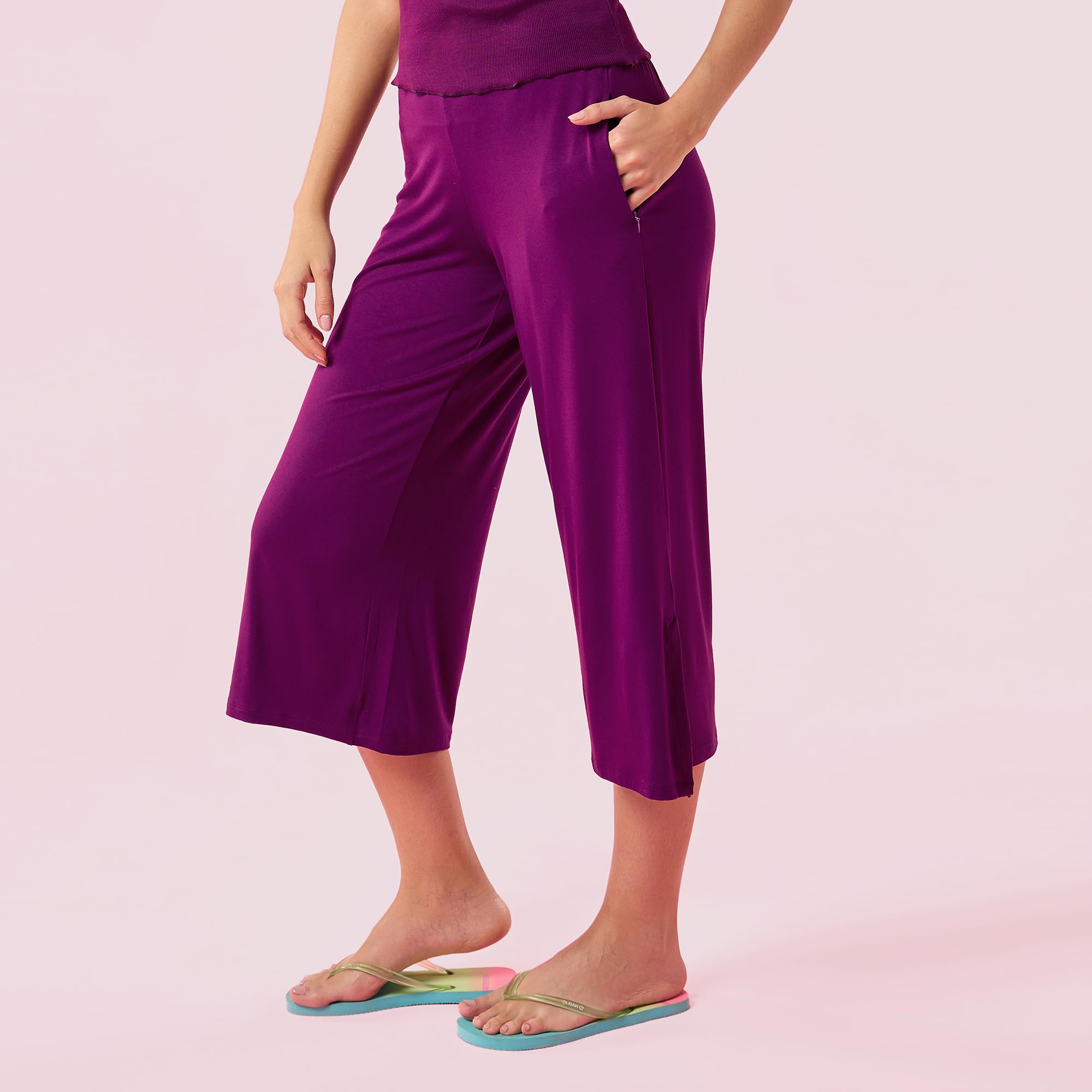 Enamor Women Mid Rise Relaxed Pants (E064_Dark Purple, Large) 3