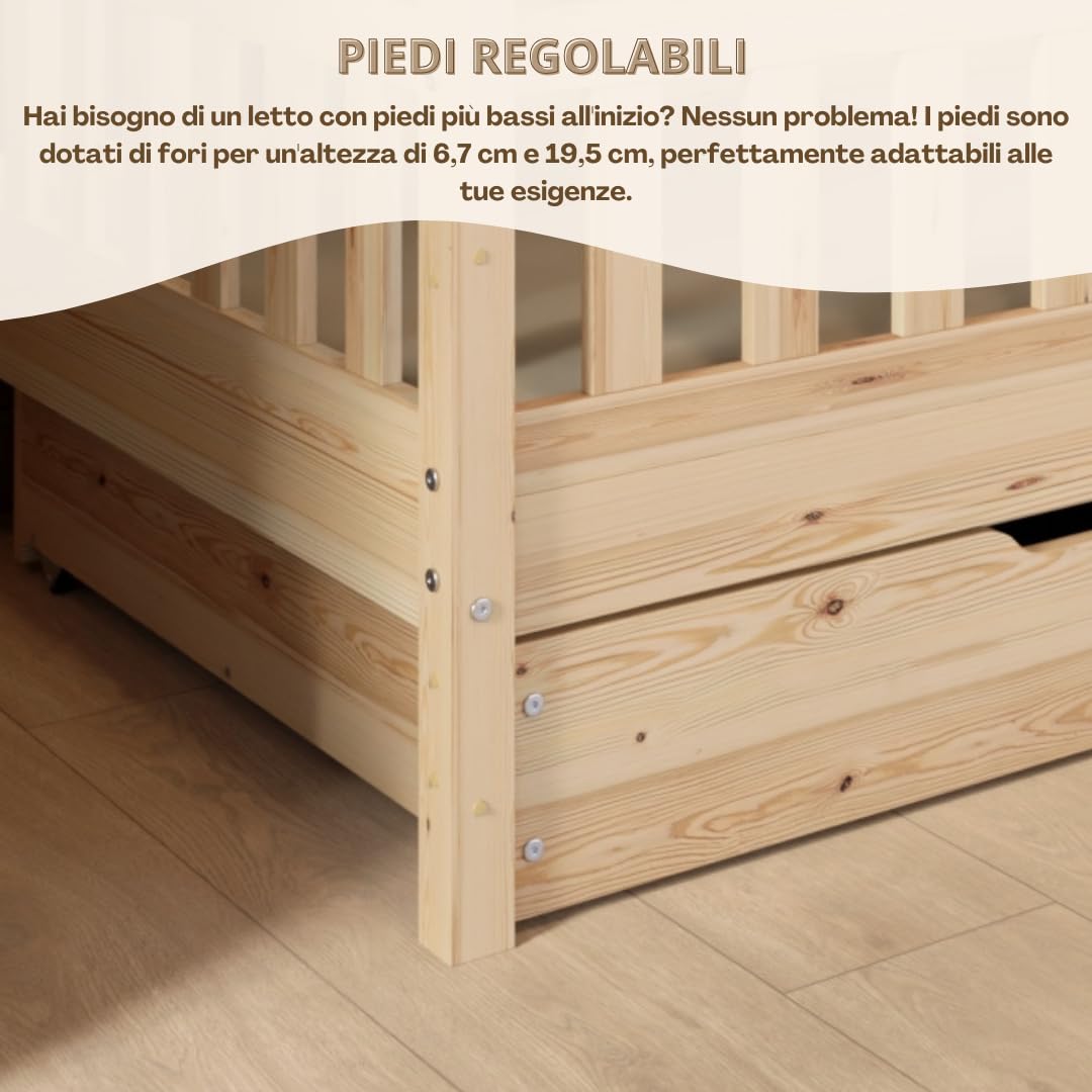 Letto Casetta con Cassetti 190x100cm – Legno Naturale con Barriera – Design Scandinavo Letto Montessori a Pavimento con Piedini Regolabili in Altezza - Crazy Blanco