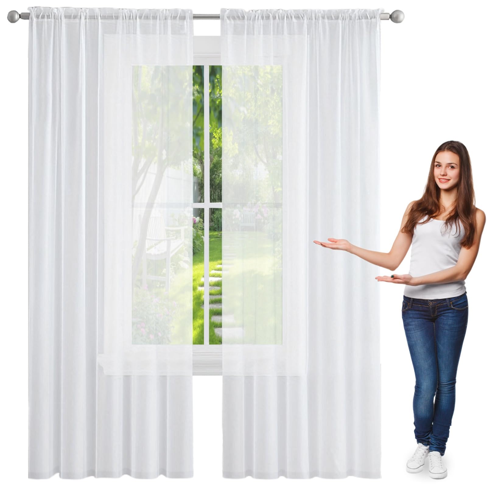 2 Pannelli Tende Trasparenti 170 x 110 cm Set di 2 Pannelli in Voile Morbido, 100% Poliestere, Traslucido Tenda Salotto Moderne per Soggiorno e Camera da Letto, Bianco