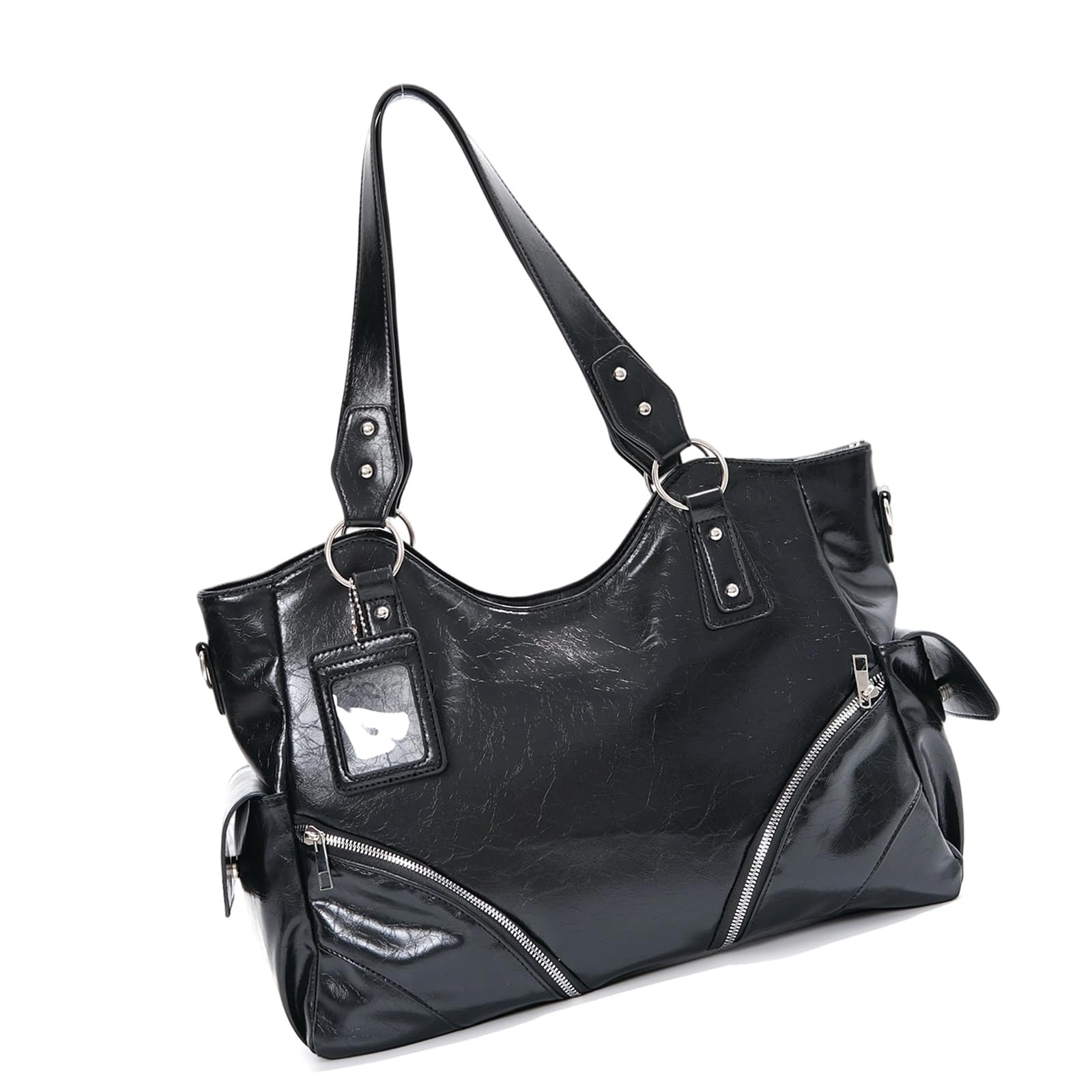 fexxkg Shoulder Handbag Large Capacity Black Purse with Soft PU Look, Double Handles, Silver-Tone Detail and Side Pockets