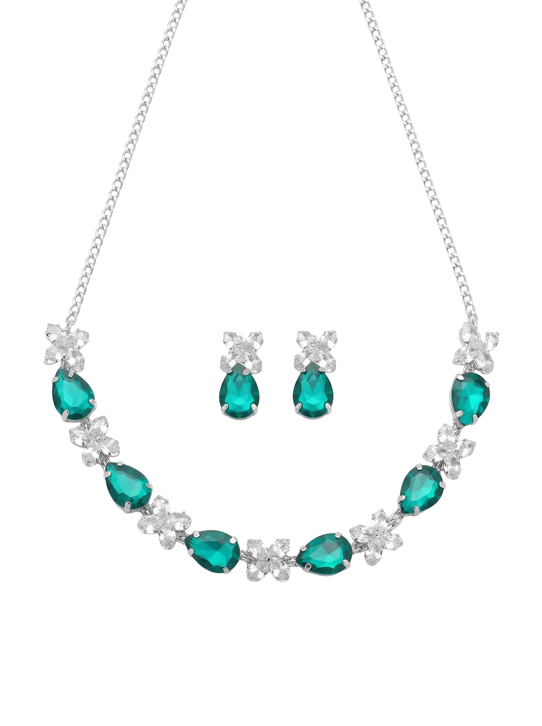 Alloy Silver Jewellery Set for Women, Elegant Crystal Stone Necklace with Matching Earrings, Floral Design Jewelry Set for Wedding, Festive and Special Occasions-image-40