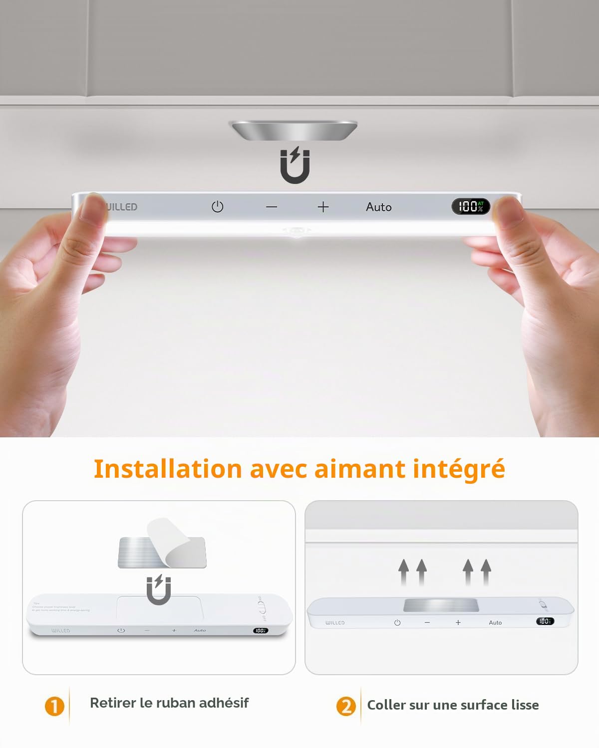 WILLED LED Lampe de Placard 60 LED, Affichage des Niveaux de Batterie, Rechargeable USB Sans Fil Lampe d'Armoire à Détecteur de Mouvement, Éclairage LED pour Escalier Cuisine Couloir (2 Pack)