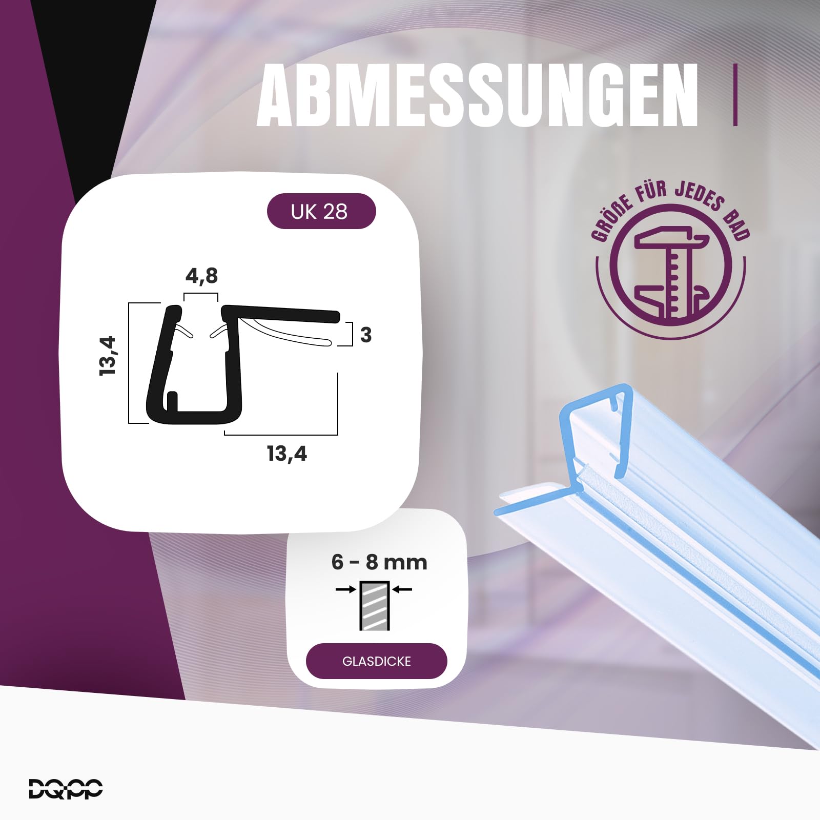 Junta De Ducha DQ-PP Para Puerta De Vidrio De 6-8 Mm - Perfil De Sellado De PVC, 200 Cm De Largo, Resistente Al Moho Y UV