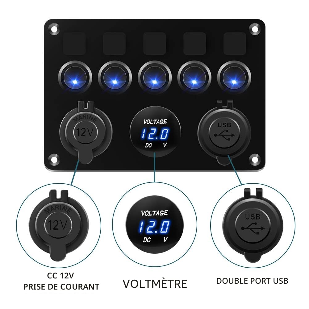 KAOLALI 5 Gang Panneau de Interrupteur à Bascule 12V 24V Interrupteur à Bascule Panneau Tableau Electrique Bateau RV Camping-Car (Bleu)