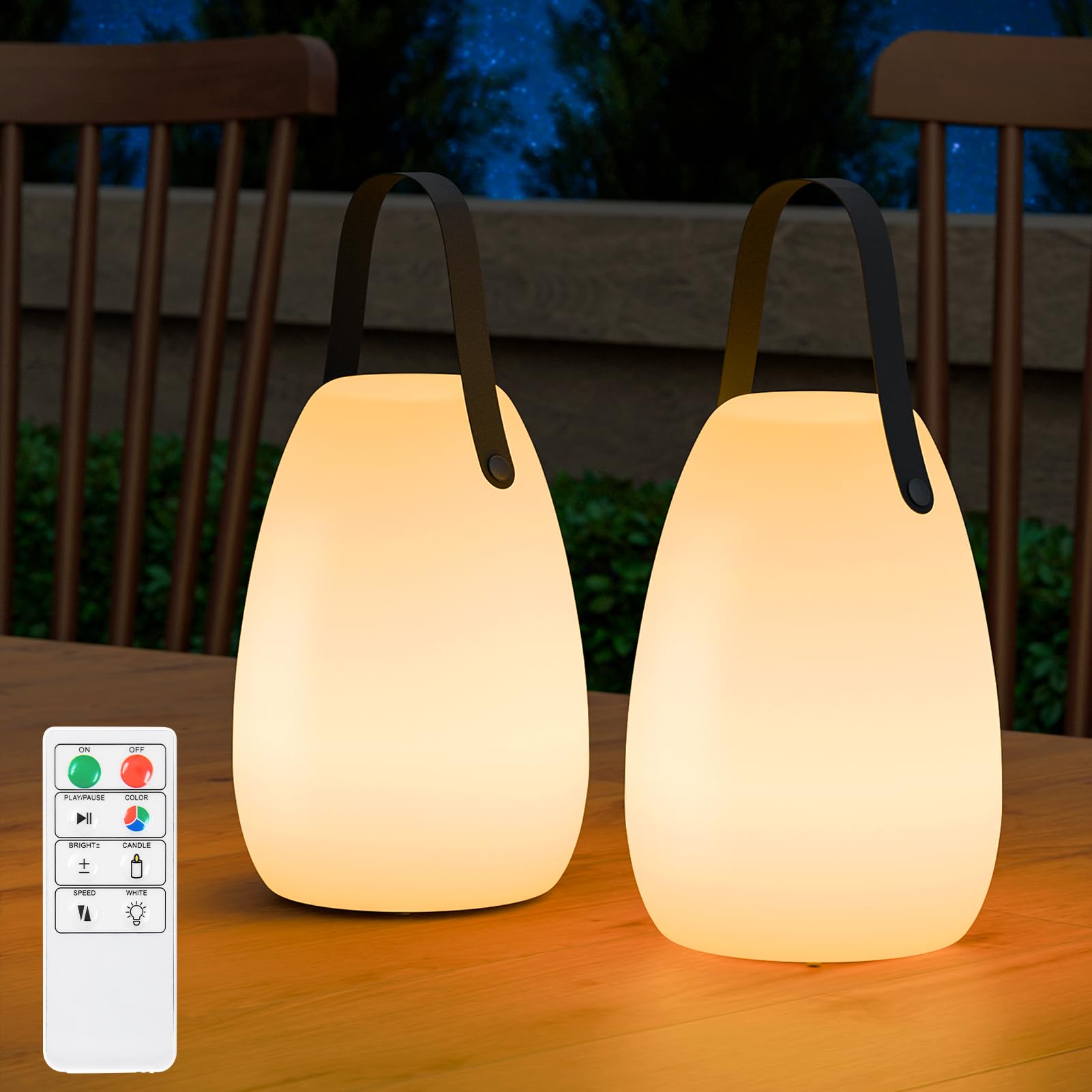 RWWR 2 Stück LED Outdoor Lampe Kabellos Tischlampe Klein 8 Farben Dimmbar mit Fernsteuerung IP44 Wettersfest für Camping Garten Balkon Terrasse 8-10H Akku(Mittlere-Schwarz-Tragegriff)