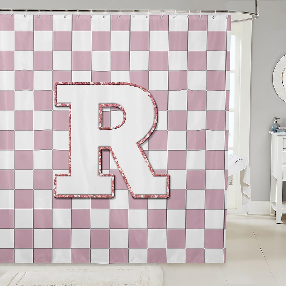 Erosebridal Pink Initial R Bathroom Curtain Kawaii Plaid Checkered Shower Curtain 72" Wx84 L Cute Personalized Monogram Bathroom Accessories for Kids Girls,Fashion Grids Gingham Shower Decor
