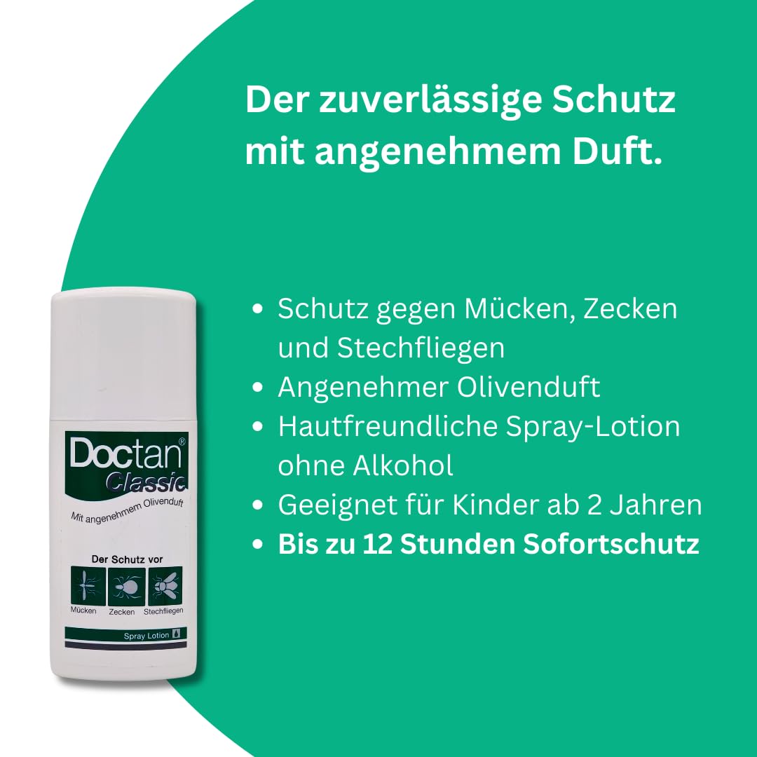 Doctan Classic Spray Lotion, 3x 100 ml I bis zu 12 Stunden Schutz vor Mücken, Zecken und Stechfliegen, Malariaprophylaxe, Zika-Virus I Für Kinder ab 2 Jahren I Spar-Set plus Pharma Perle give-away