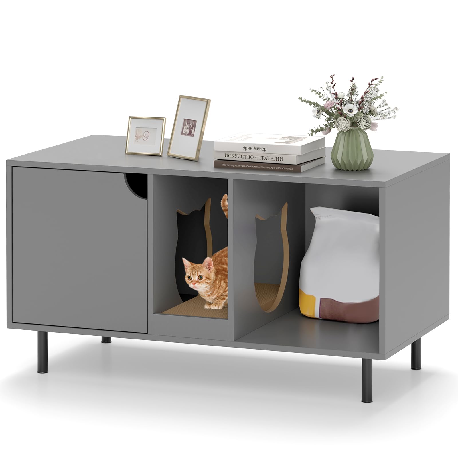 COSTWAY Cat Litter Box Enclosure, Hidden Cats Washroom Furniture with Removable Scratching Board, 2 Cabinets, Indoor Wooden Cats House End Table (Grey)