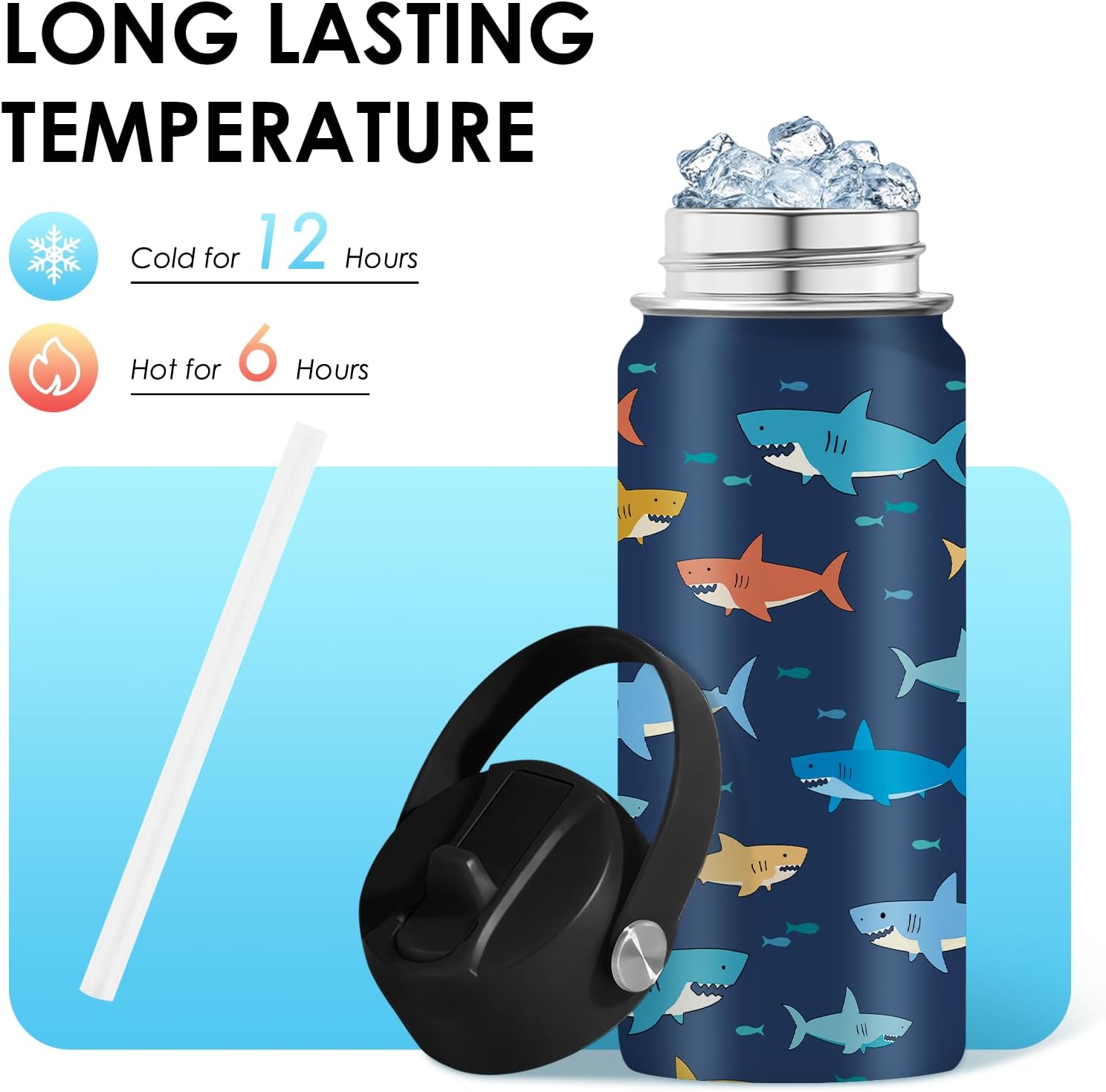 Shark Gift for Kids - 16oz Kids Water Bottle with Straw Lid, Stainless Steel Insulated Tumbler, Leak Proof, BPA - Free, Sport Bottles for School, Travel, Sea Fishes Children Birthday Gift Cup (1pc) - Image 3