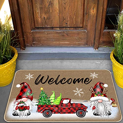 Image of TREWAVE Christmas Decorative Doormat Xmas Welcome Gnome Tomte Car Truck Mat Non Slip Door Mat Outdoor Indoor Entrance Floor Rug, 29 x 17 Inch