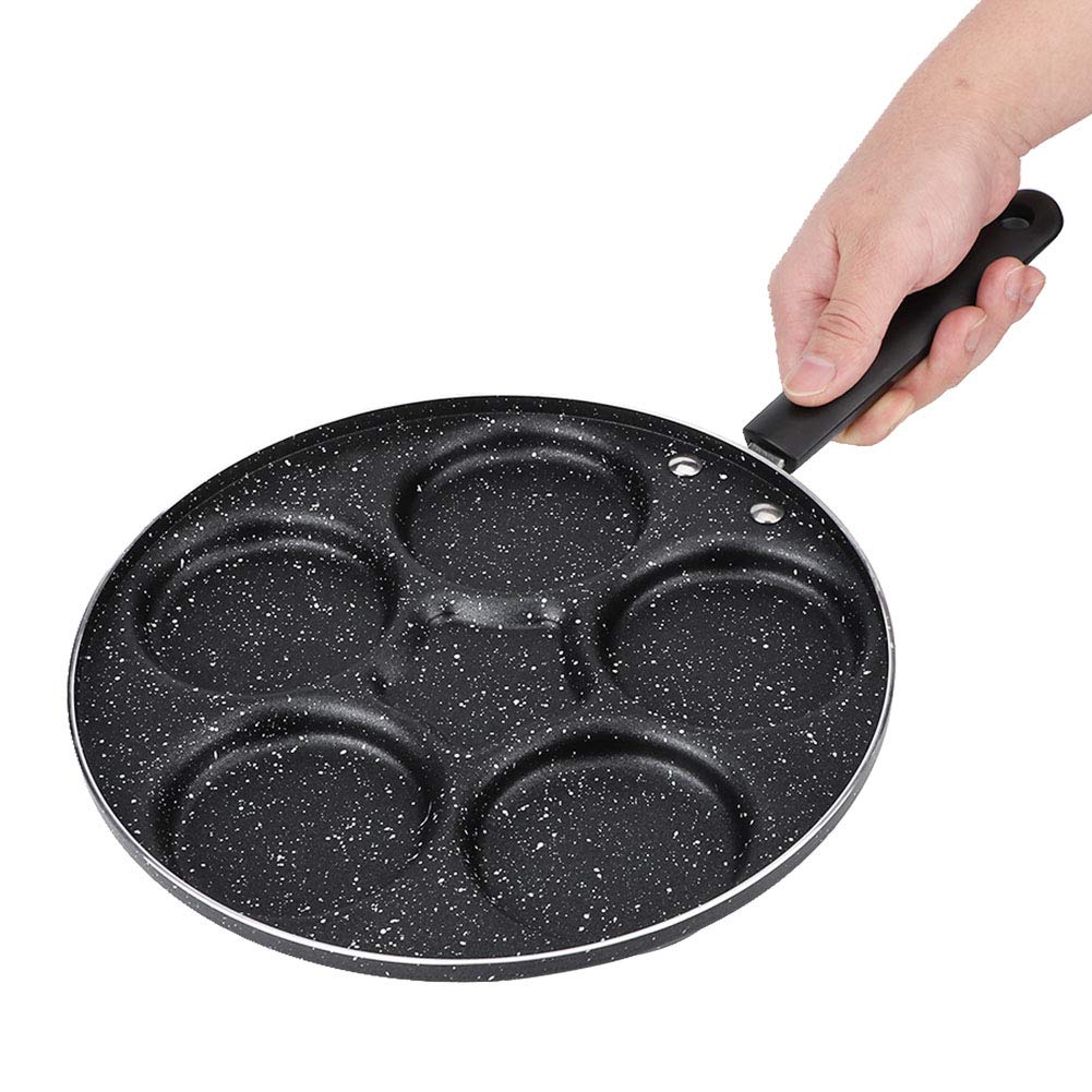 Milltrip 10.4in Egg Frying Pan, 5 Cups Nonstick, Aluminum, Black, 5 Holes, Omelet, Pancake, Crepe, Gas & Electric Stove Compatible