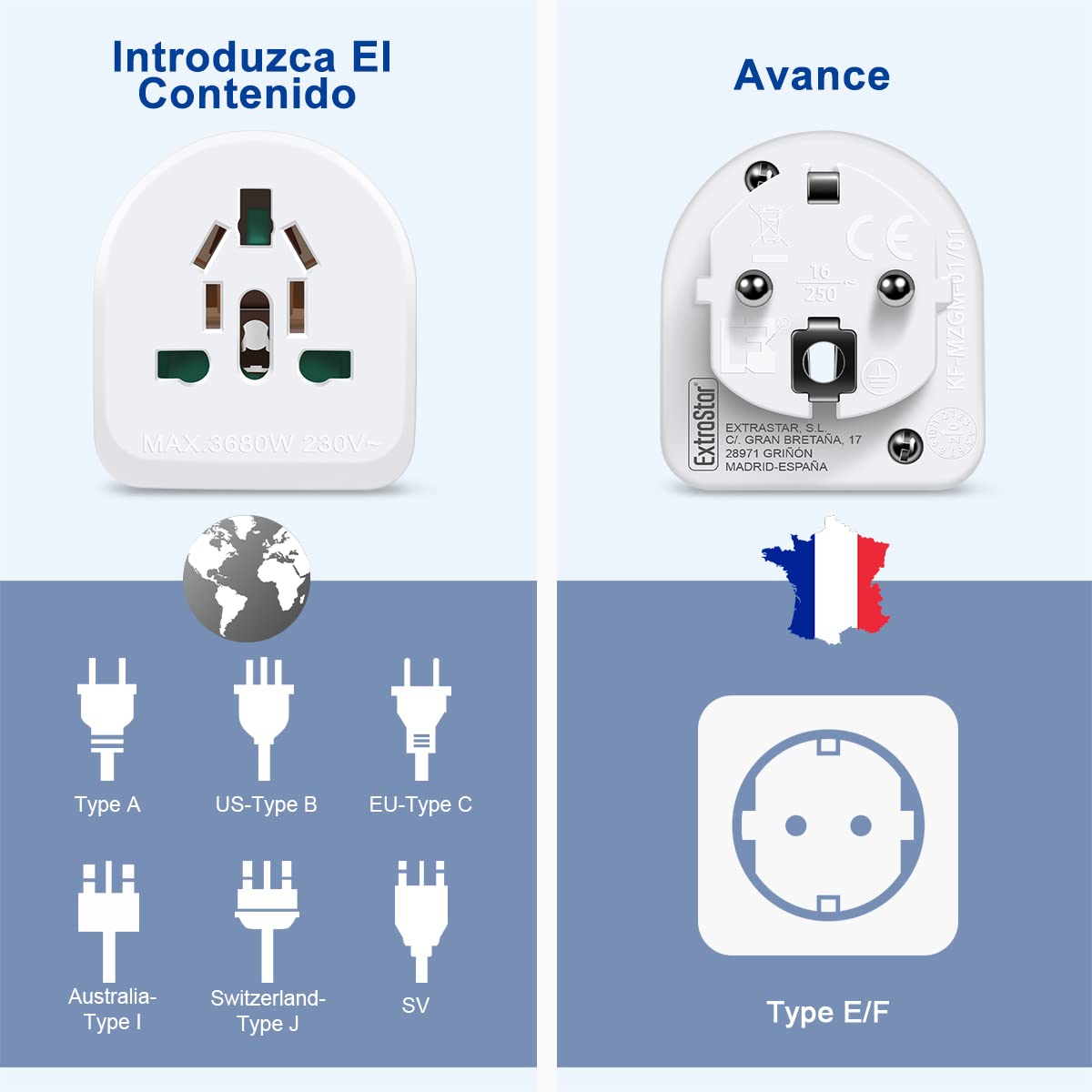 Adaptador Europeo EXTRASTAR para múltiples enchufes Nacionales, Adecuado para Viajes. Compatible con EE. UU., Reino Unido, China, Francia, Alemania, Italia, Australia y Otros países, 2 Unidades. — view 2