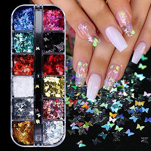 3D Butterfly Nail Glitter Sequins Splarkly Laser Butterfly Nail Sequin Acrylic Paillettes Holographic Nail Sparkle Glitter for Nail Art Decoration Confetti Glitter Sheets Tips Nails Supply 12 Colors