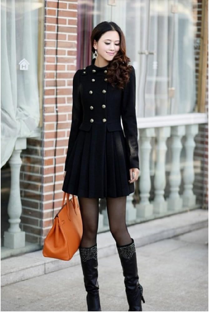 New Women England Standing Collar Skirt Style Double-breasted Woolen Coat Winter Warm Outwear Black Color Size S