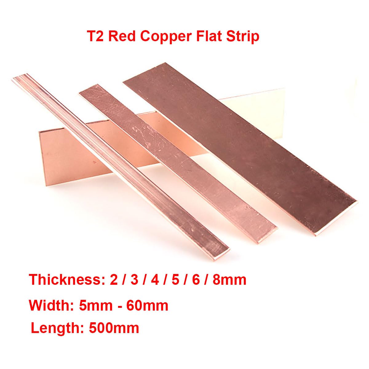 T2 Red Copper Flat Bar Strip, Thick 2mm 3mm 4mm 5mm 6mm 8mm Pure Copper Plate, Length 500mm Copper Bus Bar Stock 1pc(4 * 10MM)