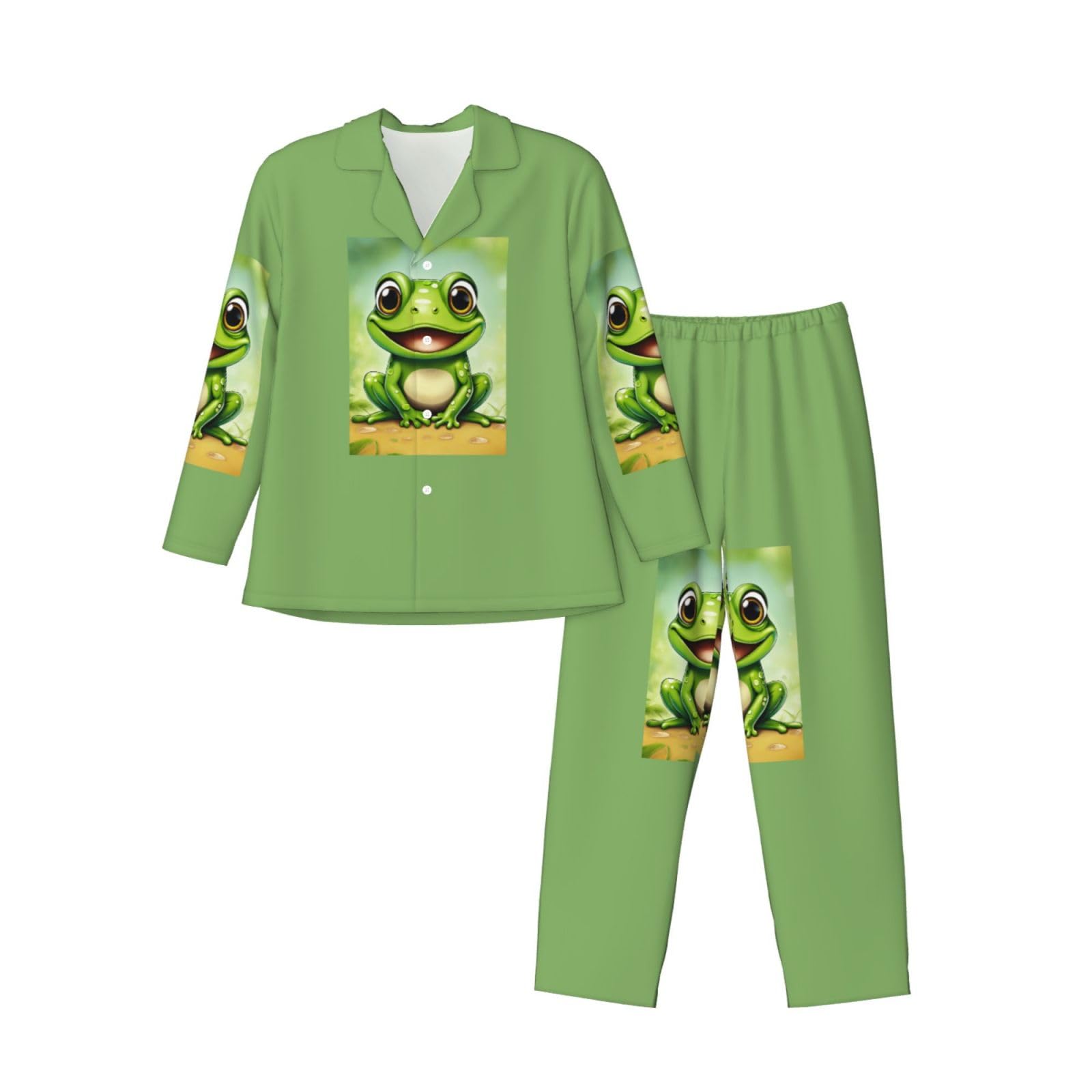 Herren-Pyjama-Set mit grünem Froschdruck, langärmelig, zweiteilig, Hauskleidung, bequeme Nachtwäsche