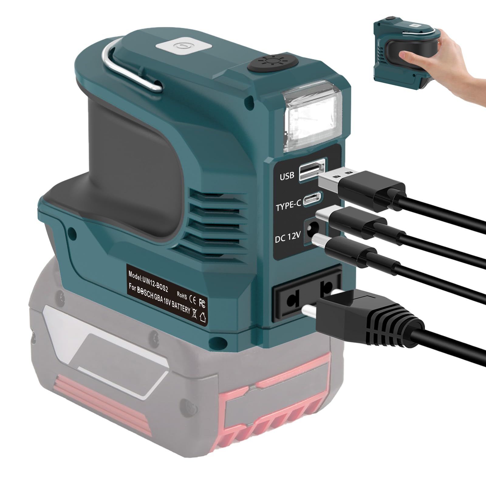 220W Wechselrichter für Bosch 18V GBA Akku, DC 18V zu 220V Inverter mit USB QC3.0 & Type-C PD 18W, LED Licht, 12V/5A DC Ausgang