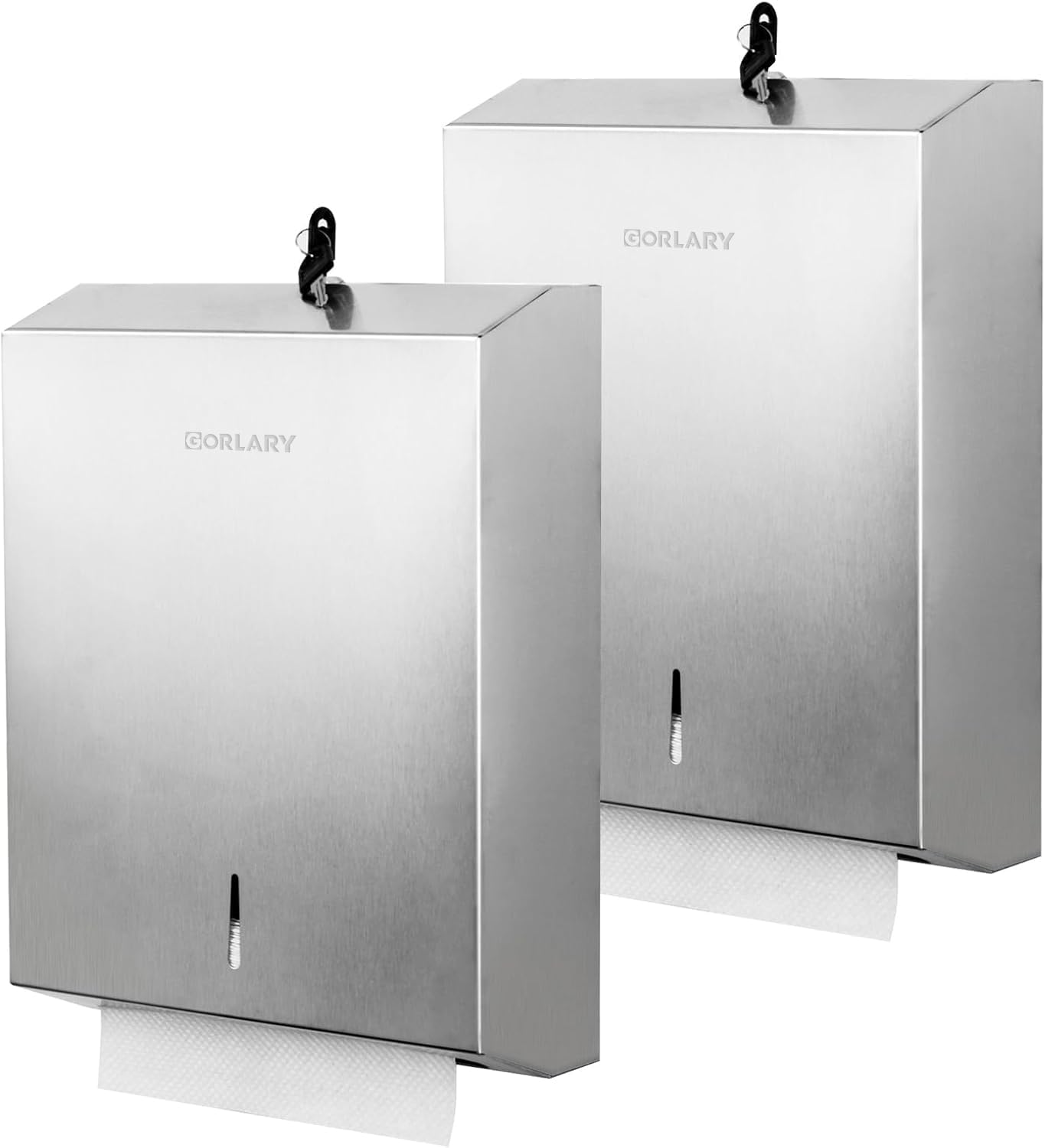 Gorlary 2 paquetes de dispensador de toallas de papel para montaje en pared, comercial, dispensador de toallas de mano sin contacto con cerradura (acero inoxidable)
