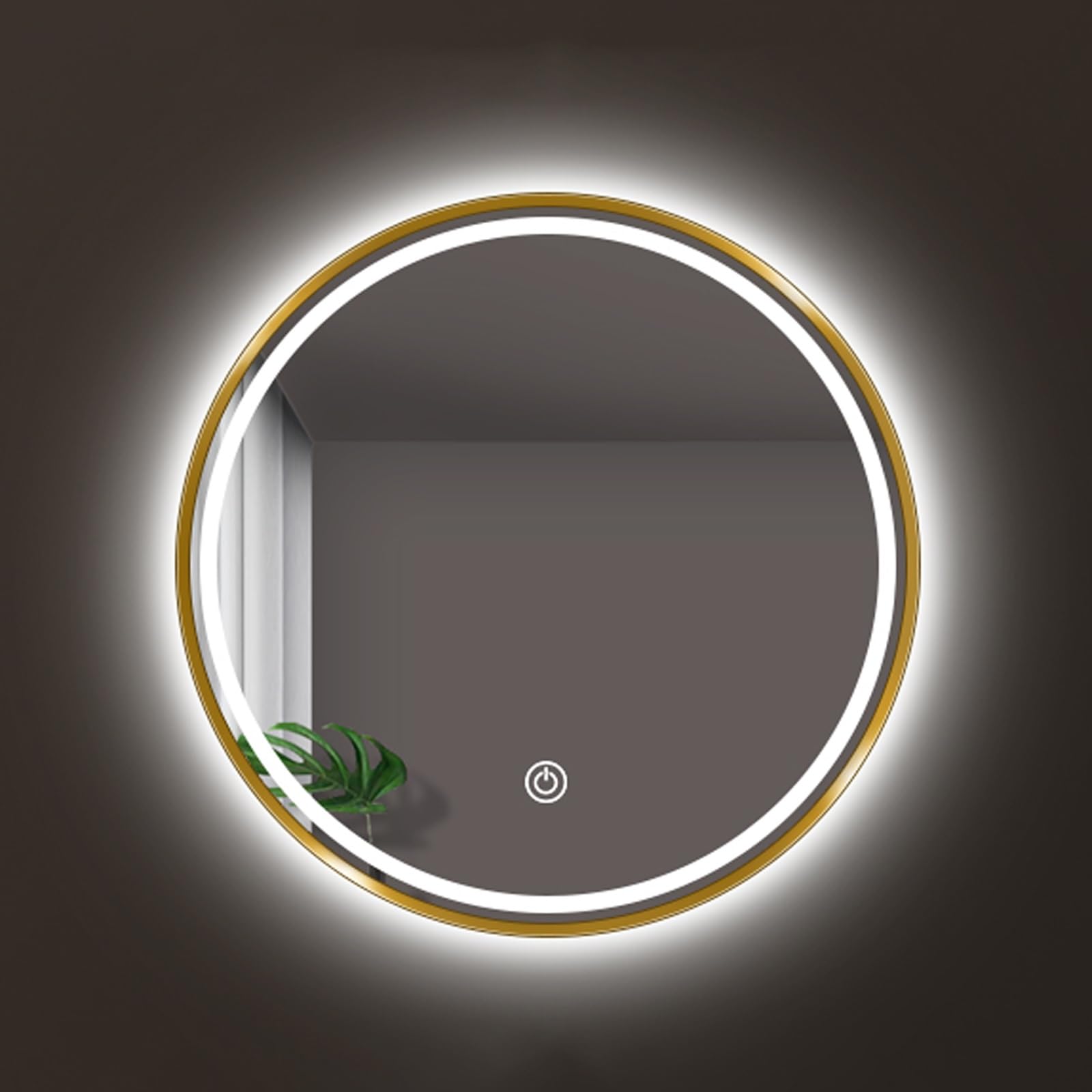 WJFTODAY 50cm Round LED Bathroom Mirror - Black Framed, Dimmable Illuminated Vanity Mirror with Smart Touch, Gold Accents, Wall-Mounted, 70x70cm, Modern Design for Home Decor