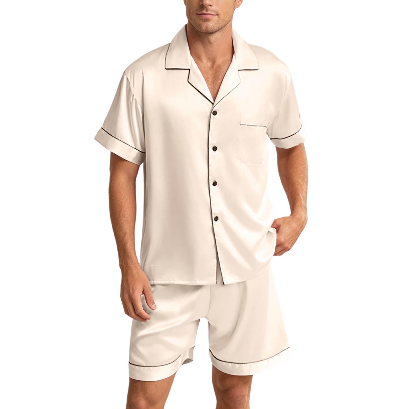 Pijama de satén para hombre de manga corta y pantalón corto con botones para verano de dos piezas 7