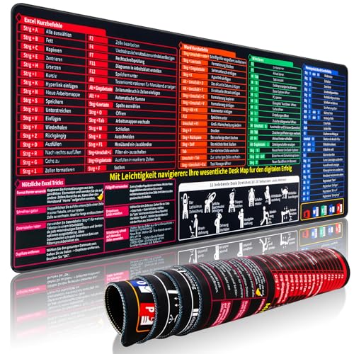 Omtofo Mauspad XXL-Excel Schreibtischunterlage Deutsch 900x400x3mm Mauspad Groß Mit Excel Shortcuts Schreibtischunterlage BüRozubehöR Desk Mat Mousepad FüR Office Word PPT Windows
