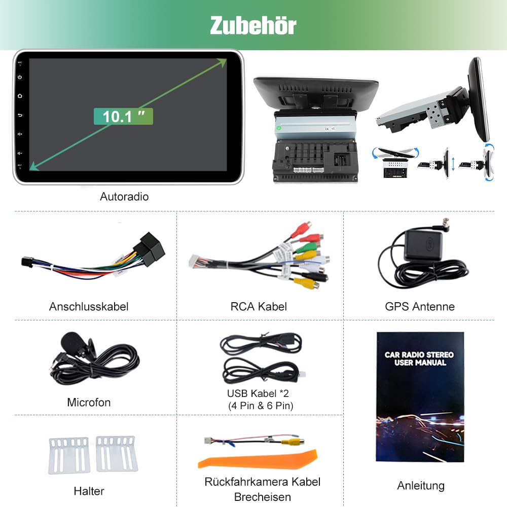 Junsun Android universal Autoradio 4GB+64GB 10.1 Zoll Touchsreen,Android 13 CarPlay, Android Auto, FM Radio, Bluetooth, WLAN, Navigtion, Lenkradsteuerung