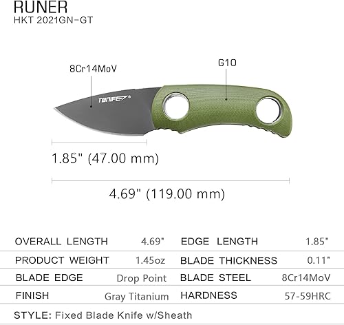 Miniatura 2 de TONIFE Runer - Cuchillo de cuello fijo con vaina y cordón, cuchillo Edc de hoja de espiga completa de 1.85 pulgadas para exteriores (verde + gris
