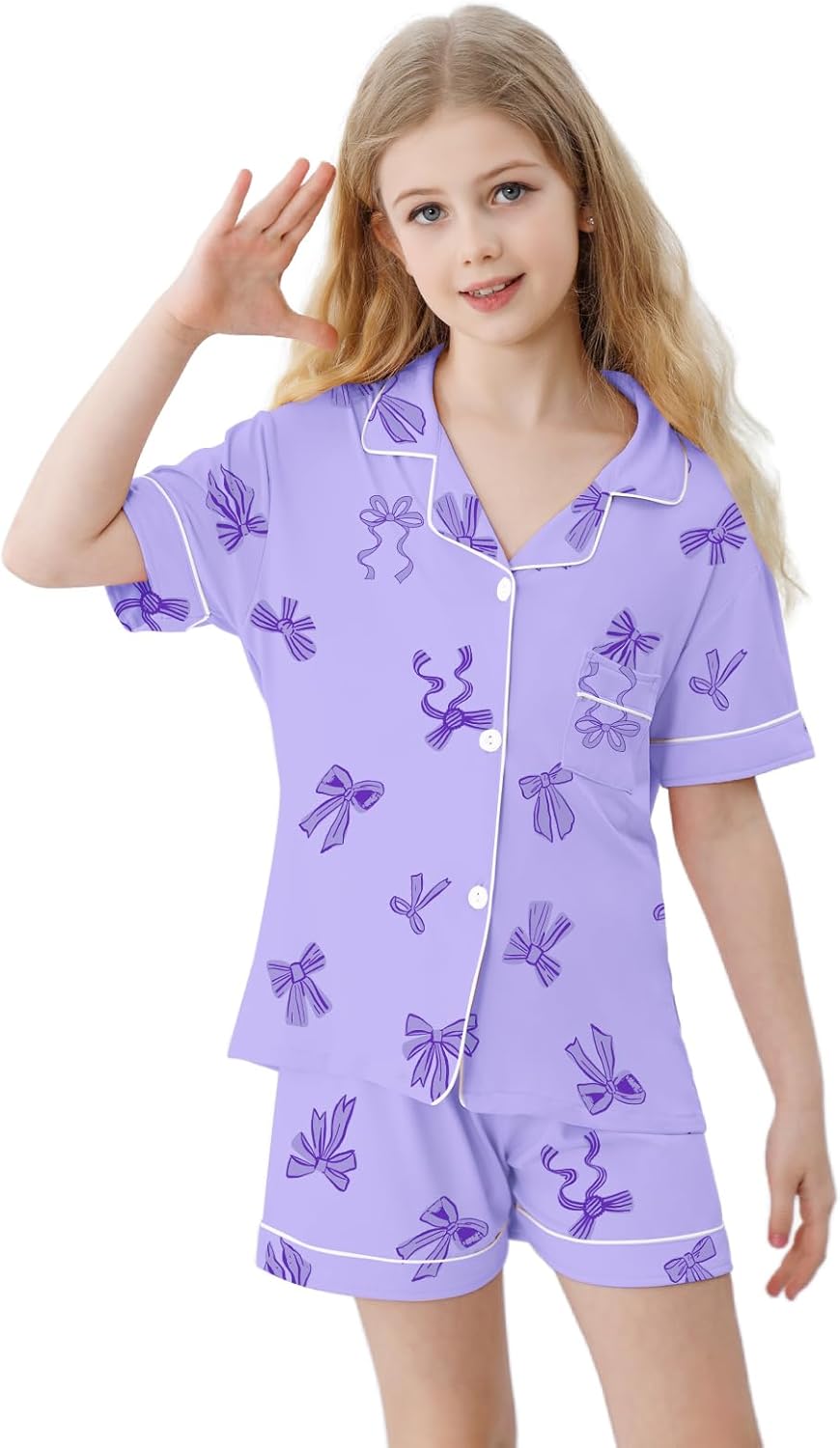 Umeyda Girls Pajamas Set Soft Short Sleeve Button-Down Sleepwear Nightwear 3Pjs Set Loungewear, 5-14 Years