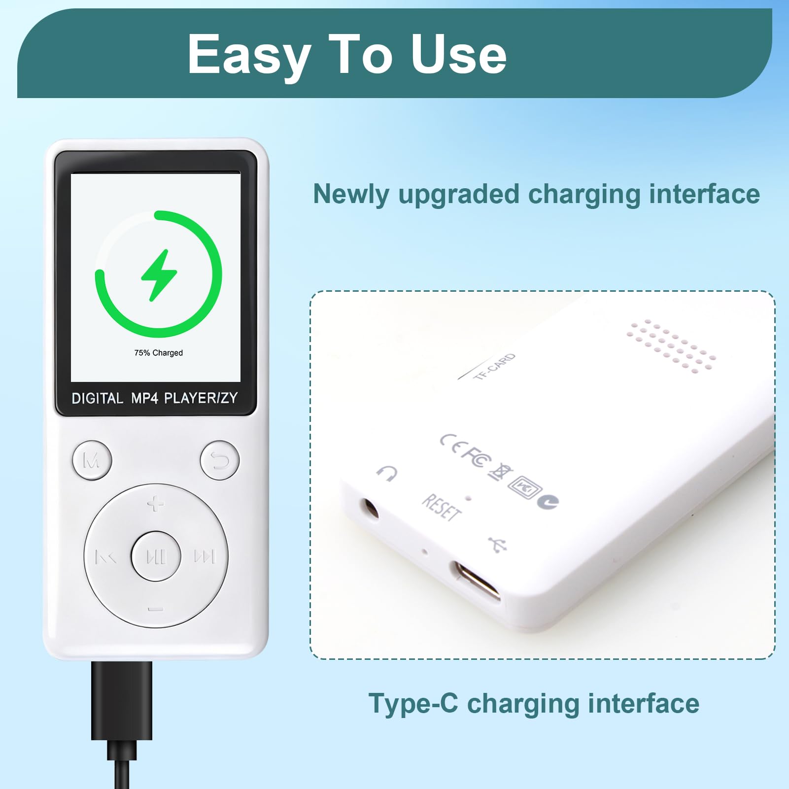 MP3 Player mit Bluetooth 5.2, 32GB Speicherkarte, 1,8 Zoll TFT Farbbildschirm, tragbarer Musikplayer mit Lautsprecher, FM Radio, Sprachaufnahme, E-Book, Video, Fotobetrachter, für Sport