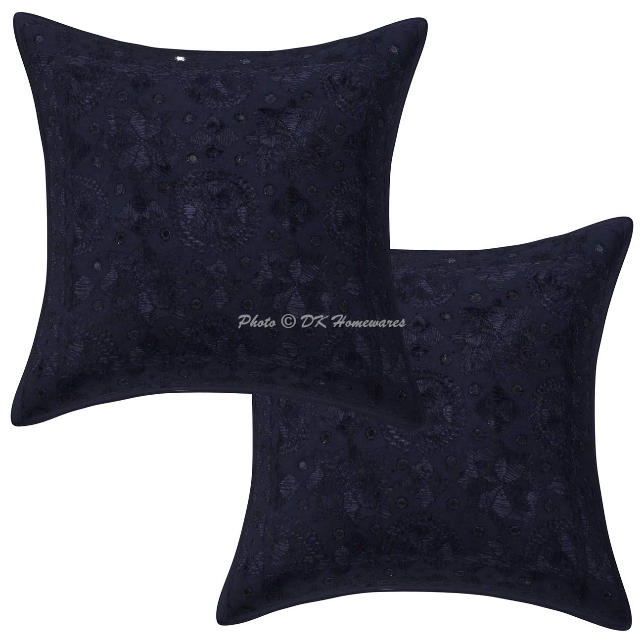 DK Homewares Cotton Living Room Throw Pillow Cover 16x16 Set of 2 Blue Indian Mirror Embellished Embroidered Pillowcases Bohemian 40x40 cm Square Pillow Covers