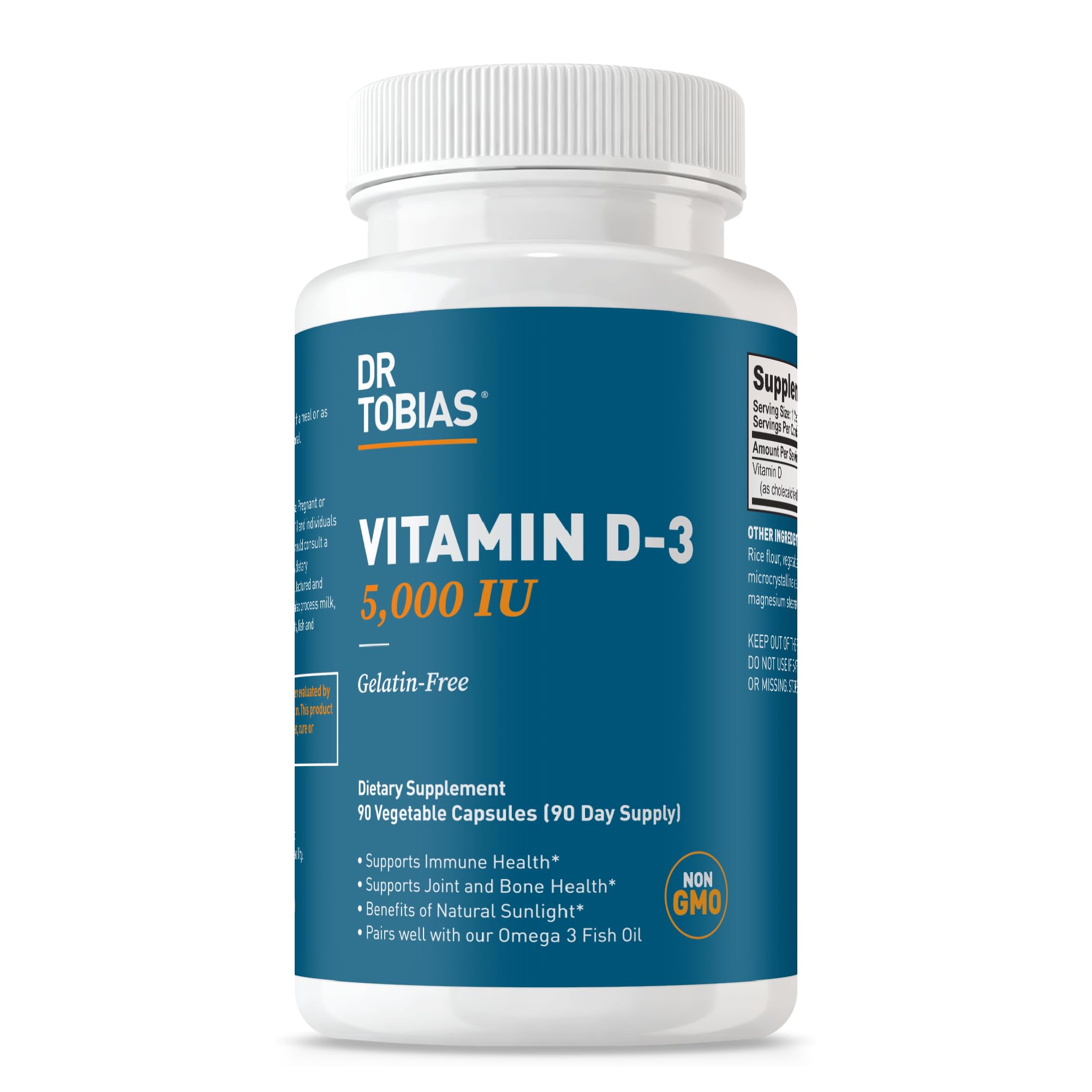 Dr. Tobias Vitamin D3 5000 IU, Essential for Healthy Bones, Teeth, and Immune System, Extra Strength Vitamin D Supplement, Non-GMO, 90 Capsules, 90 Servings