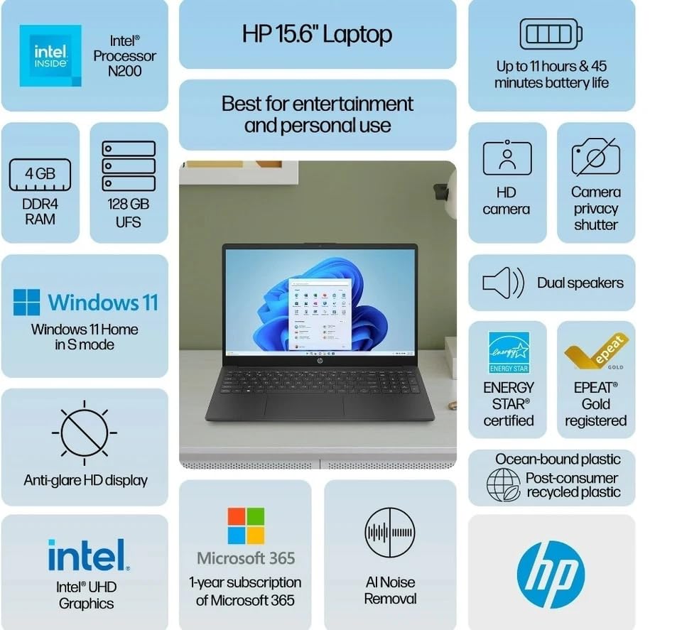 Image of HP 15.6 Inch Laptop with 1-Year Free Microsoft Office 365 | Intel Pentium N200, 4-Core CPU | 8GB RAM, 128GB SSD | Intel UHD Graphics | Full-Size Keyboard | Windows 11, Jet Black