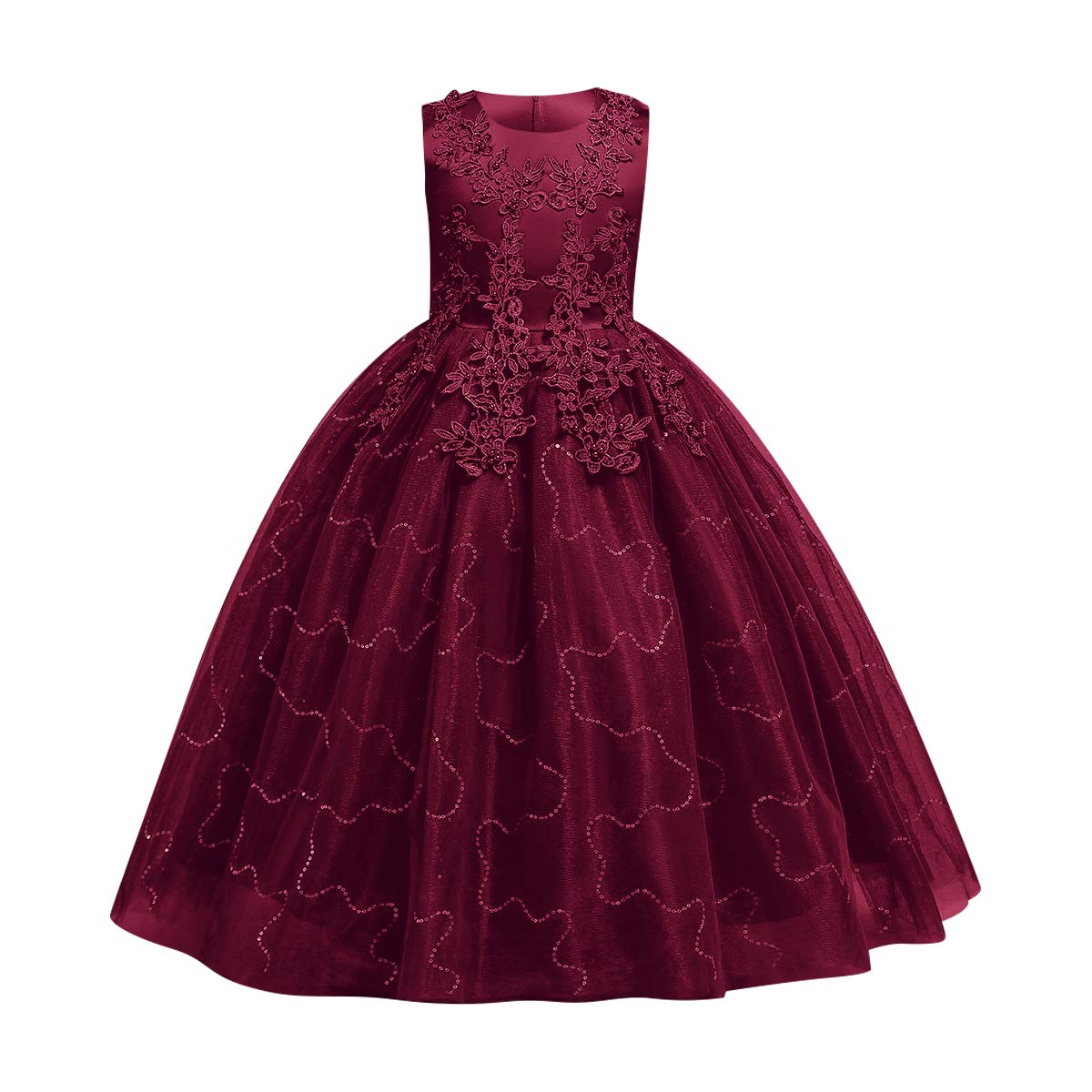 Flower Girl Lace Pageant Long Princess Dresses Prom Dance Ball Gowns for Girls Kids Child Formal Bridesmaid Wedding Party Maxi Boho Floor Length Dress Fancy Costume Burgundy 3-4T