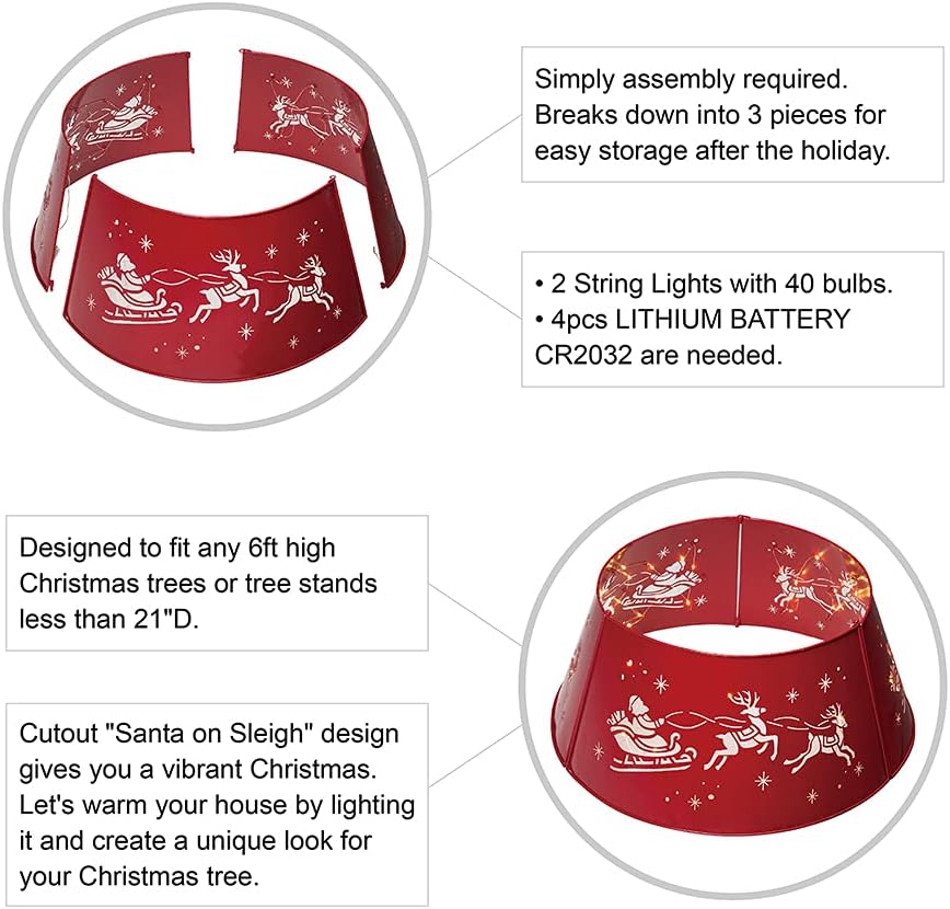 glitzhome 22" D Galvanized Metal Santa on Sleigh Tree Collar w/Light String Tree Base Cover Decorative Christmas Tree Ring for Christmas Decoration