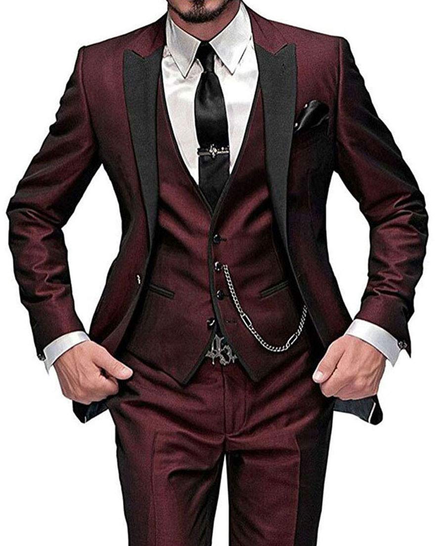 One Button 3 Pieces Burgundy Wedding Suits Notch Lapel Men Suits Groom Tuxedos Burgundy 36 Chest / 30 Waist