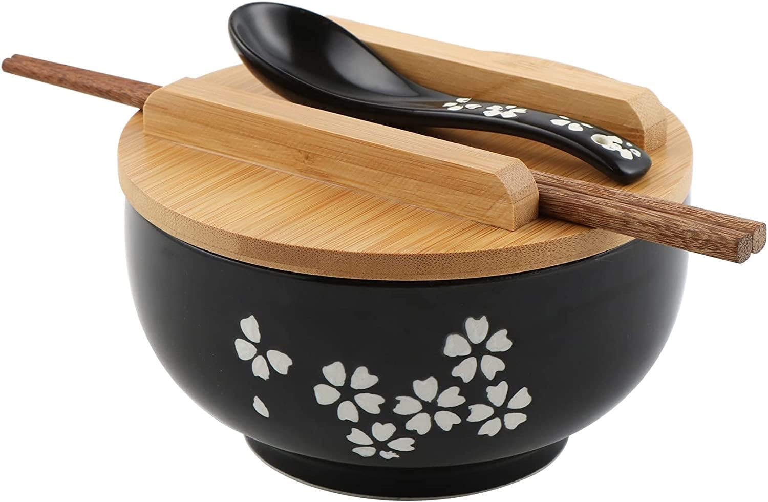 Japanese Ramen Bowls Japanese Rice Bowl (Contains Chopsticks and Spoons) Ceramic Ramen Bowl Hand Drawn Rice Bowl Retro Tableware Noodle Bowl 6.5 inch (US-DGW-Set)