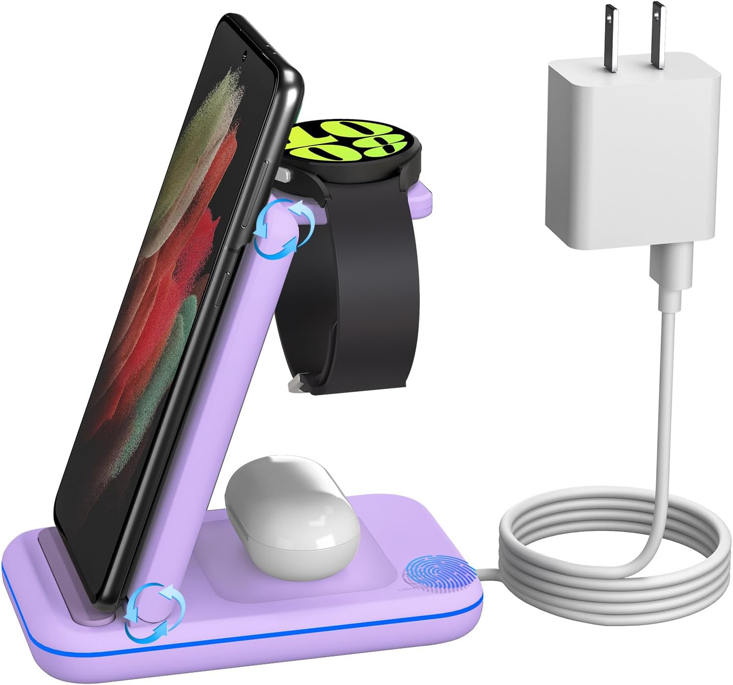 Multi Charger for Samsung, Foldable Charger ONLY for Galaxy Watch Ultra/7/6/5/4/3/Active 2, Travel 3 in 1 Fast Charging Station/Dock for Samsung S24/S23/S22/S21/S20/Note 20, for Buds 3/2 Pro(Violet)