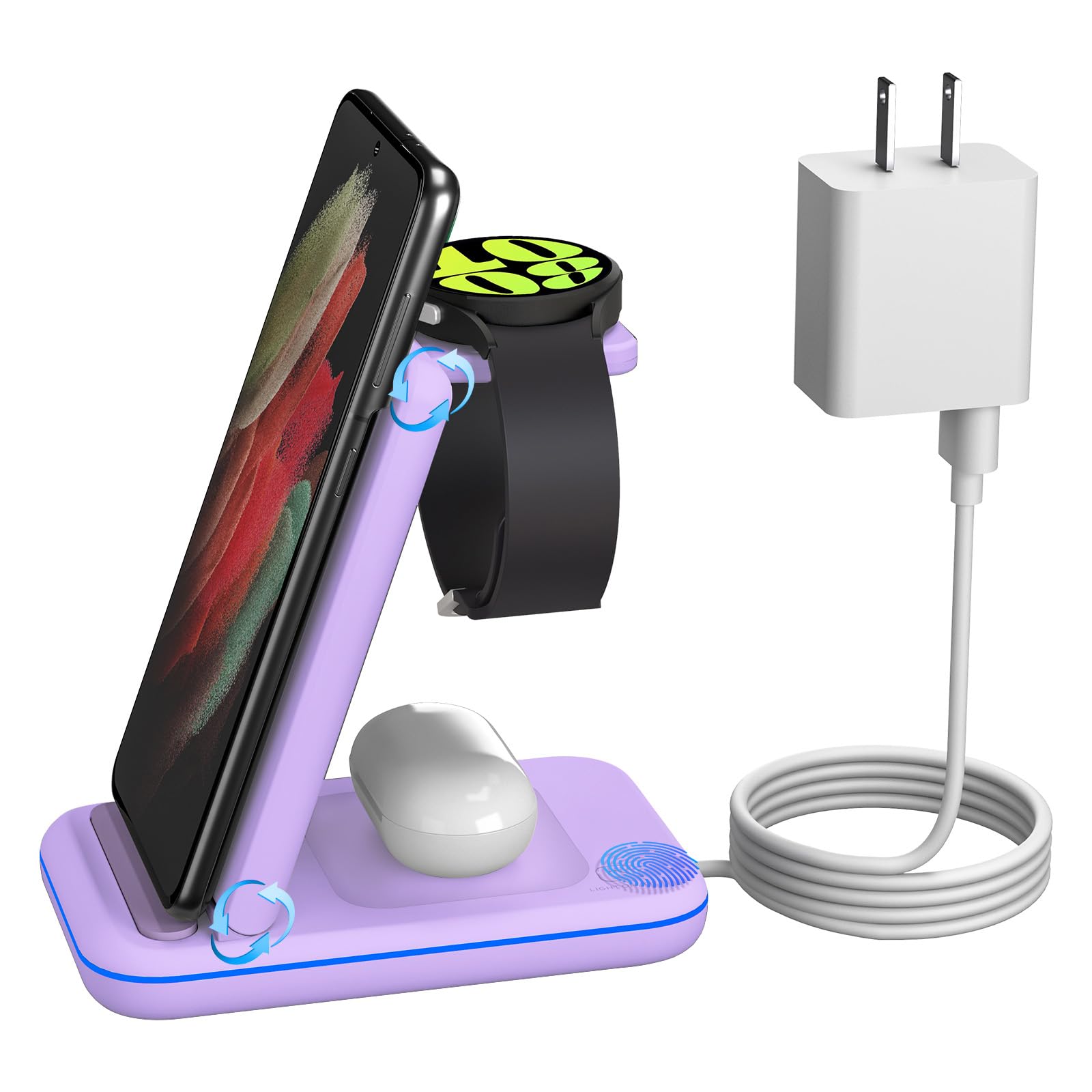 Photo 1 of Multi Charger for Samsung, Foldable Charger ONLY for Galaxy Watch Ultra/7/6/5/4/3/Active 2, Travel 3 in 1 Fast Charging Station/Dock for Samsung S24/S23/S22/S21/S20/Note 20, for Buds 3/2 Pro(Violet)