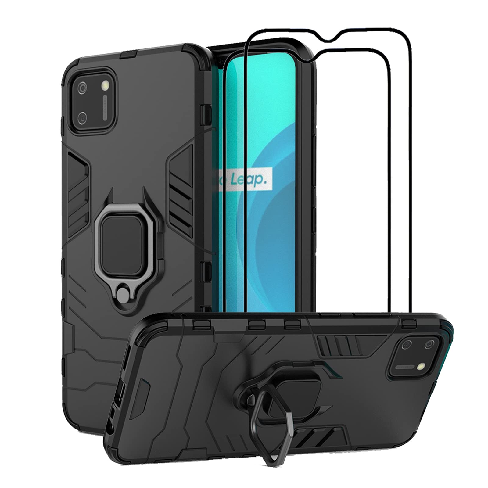 EasyLifeGoKickstand Case with Tempered Glass Screen Protector for Realme C11 2021 / Realme C20 / Realme C20A, Black, 2 Pieces